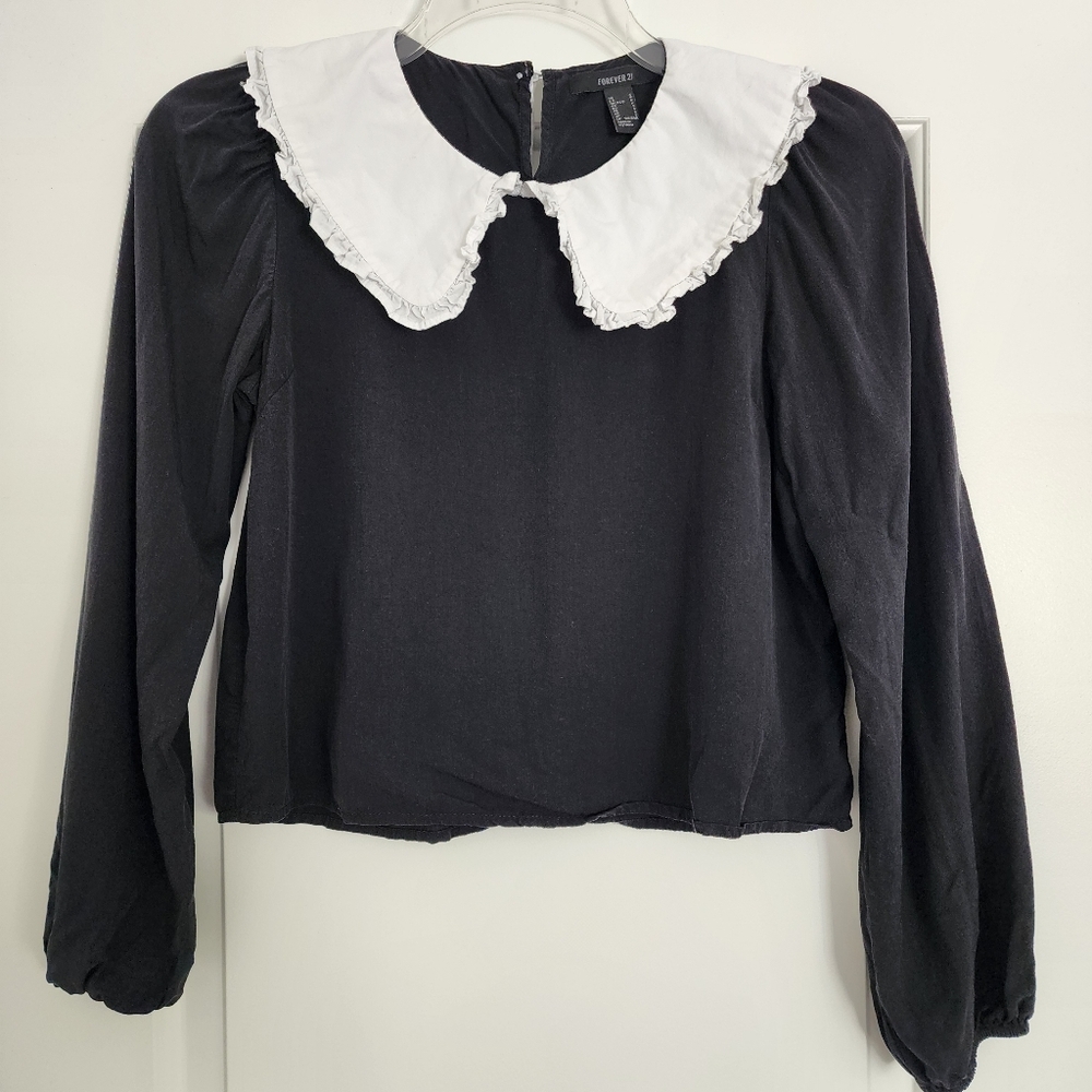 Ruffled Peter Pan Collar Blouse Black and White S